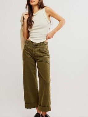 Free People Army Green Palmer Cuffed Jeans